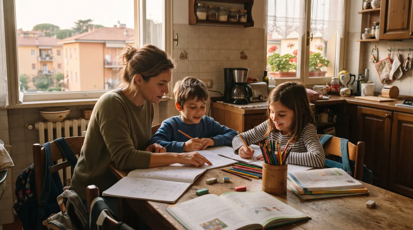 Una madre aiuta i figli con i compiti al tavolo di cucina