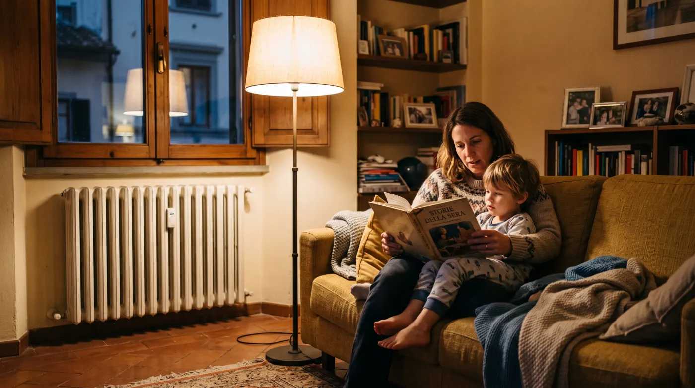Soggiorno illuminato di sera, una madre legge con il figlio