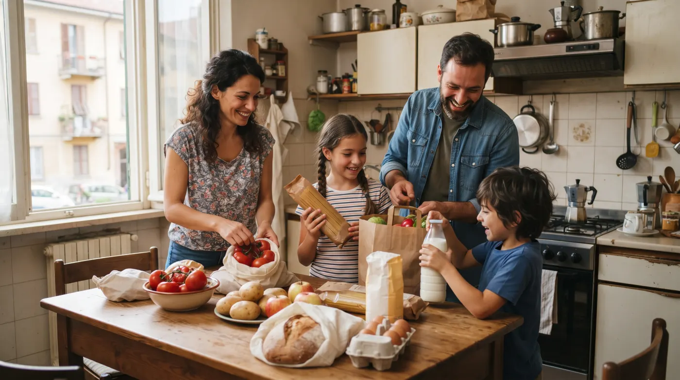 Una famiglia sistema la spesa sul tavolo di cucina