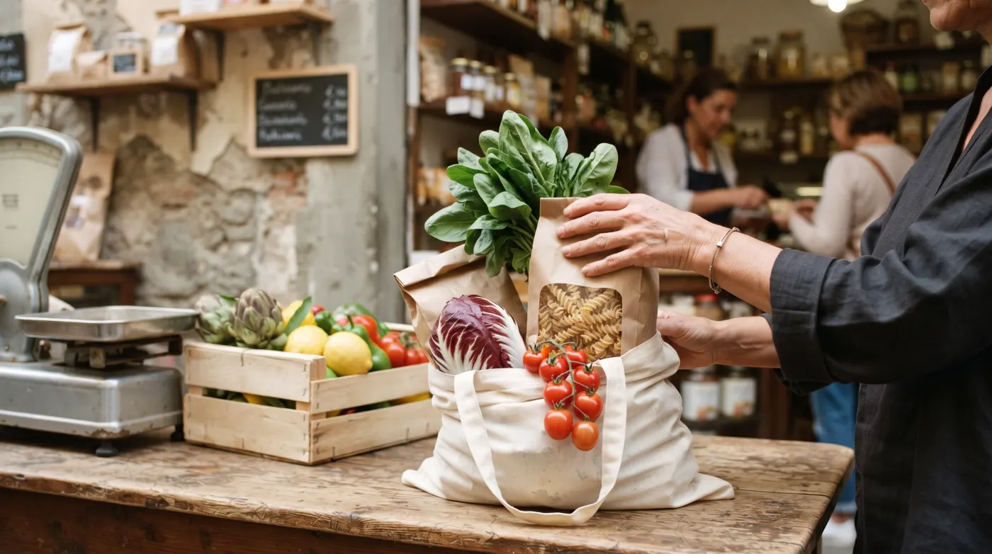 Mani che ripongono verdure e pasta in una borsa della spesa