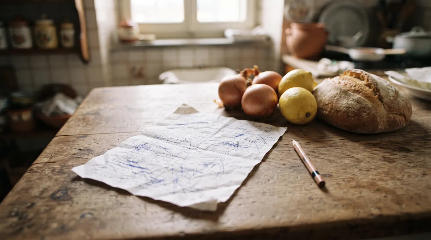 Lista della spesa scritta a mano accanto a cipolle e limoni