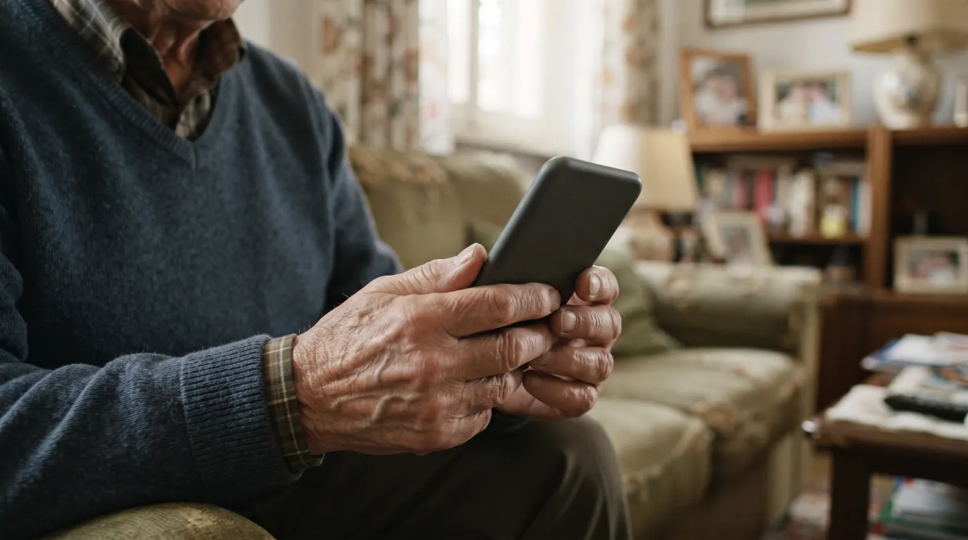 Le mani di un uomo anziano tengono uno smartphone