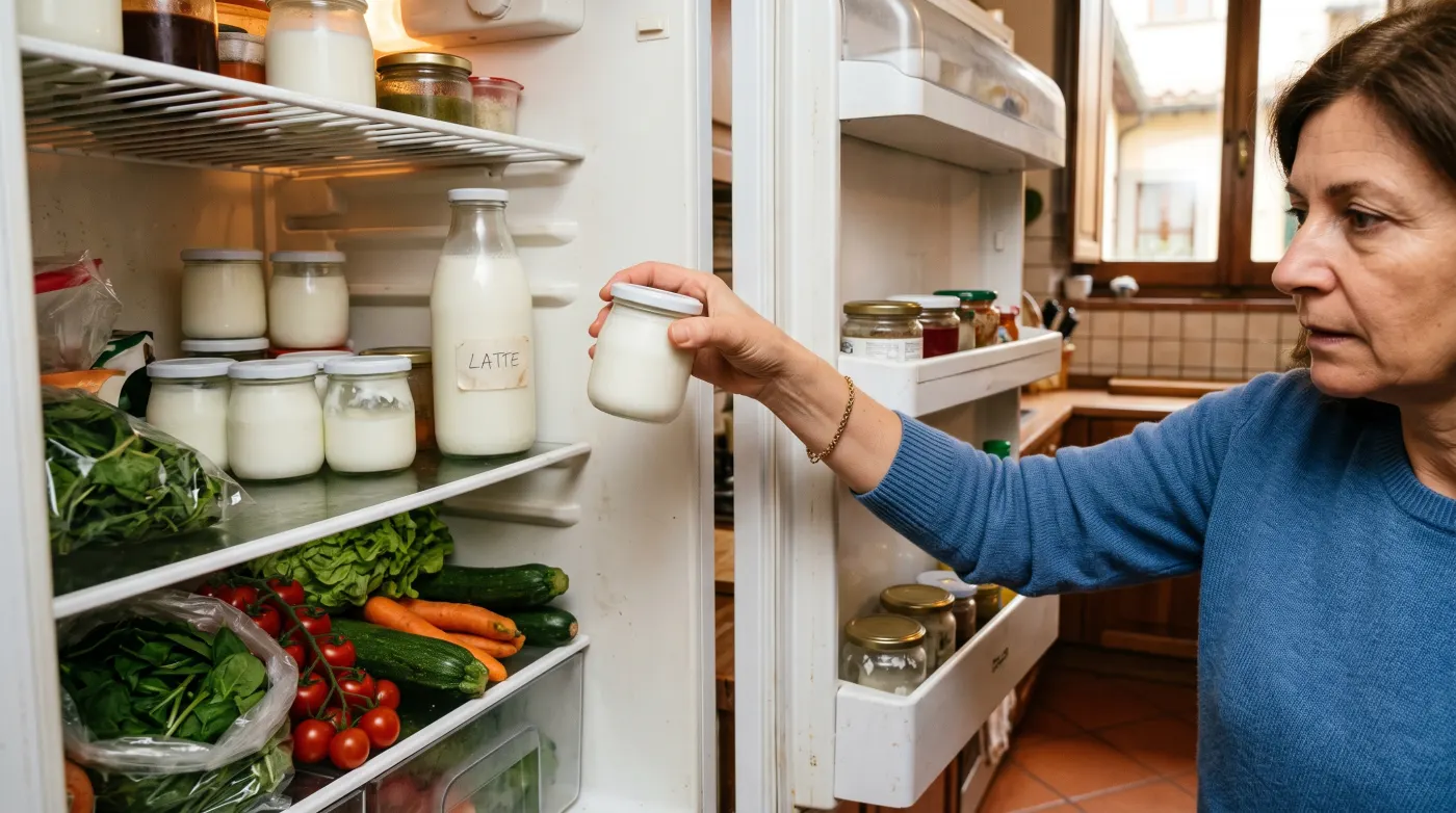 Frigorifero aperto con vasetti di yogurt e verdure