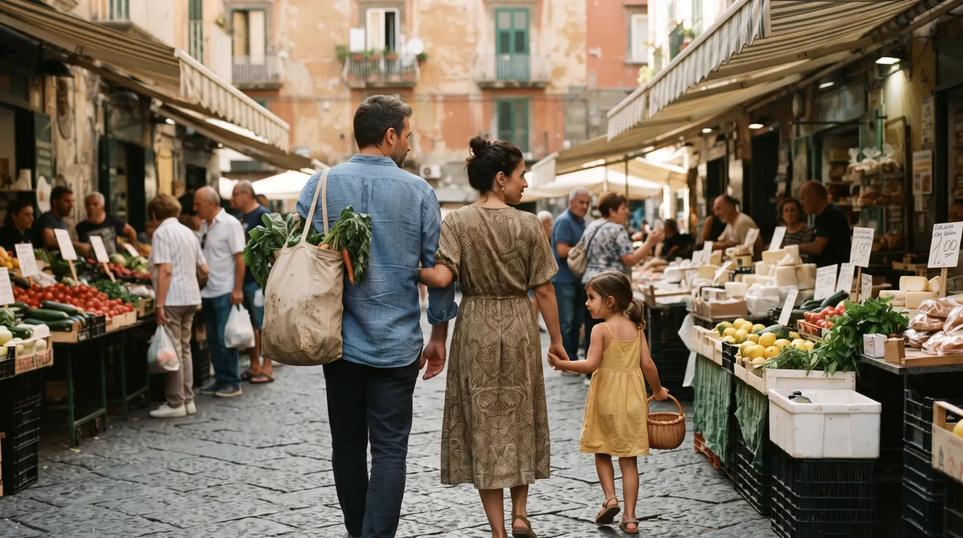 Una famiglia cammina tra i banchi di un mercato rionale