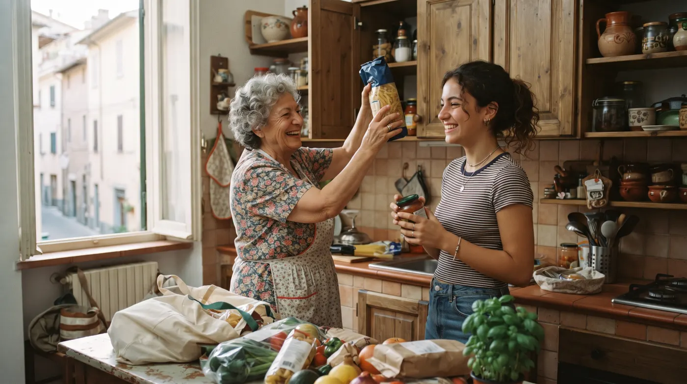 Nonna e nipote sistemano la spesa nella dispensa